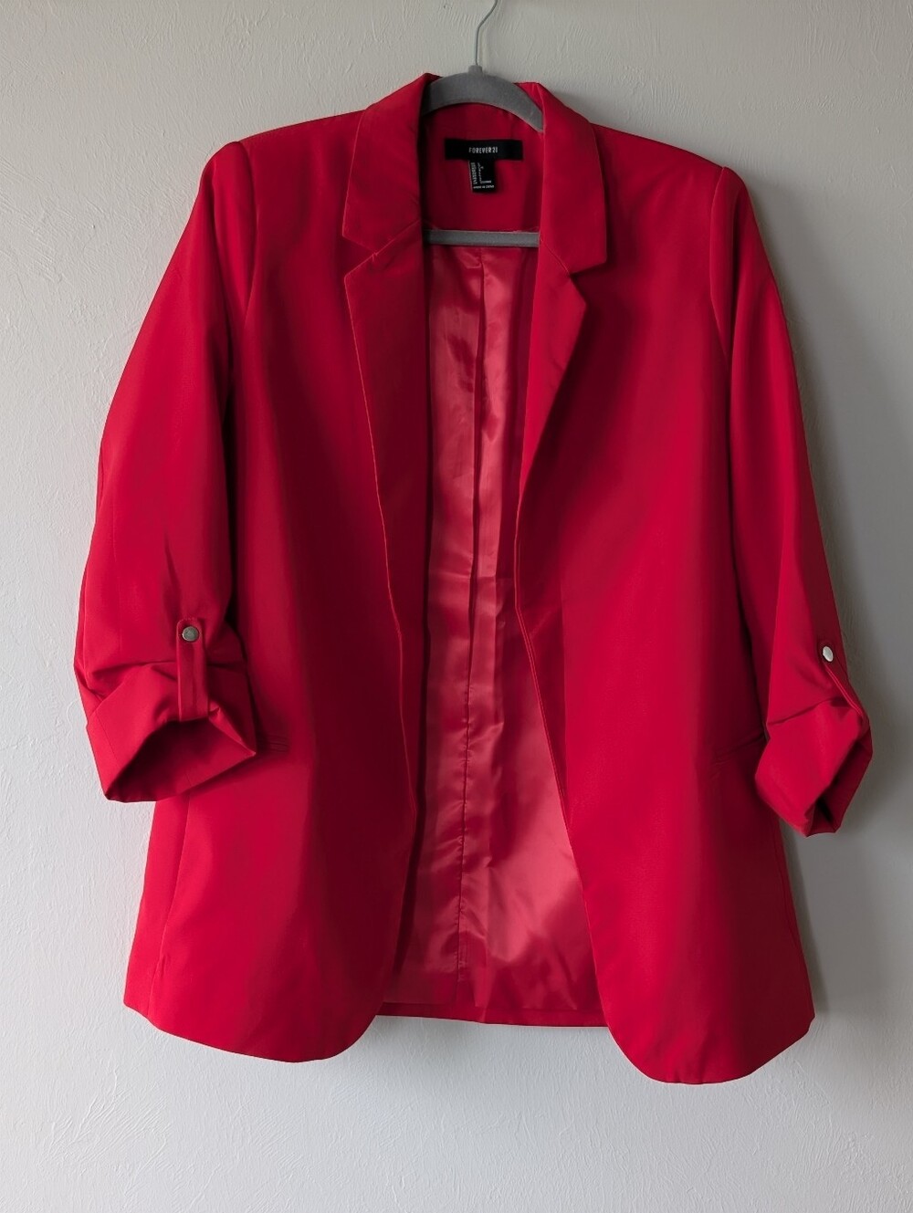 Forever 21 Red Roll-Sleeve Open Front Blazer Lined Size L Casual Office Work